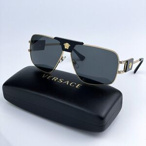 NEW Versace VE2251 100287 Gold Dark Grey Metal Pilot Men Sunglasses